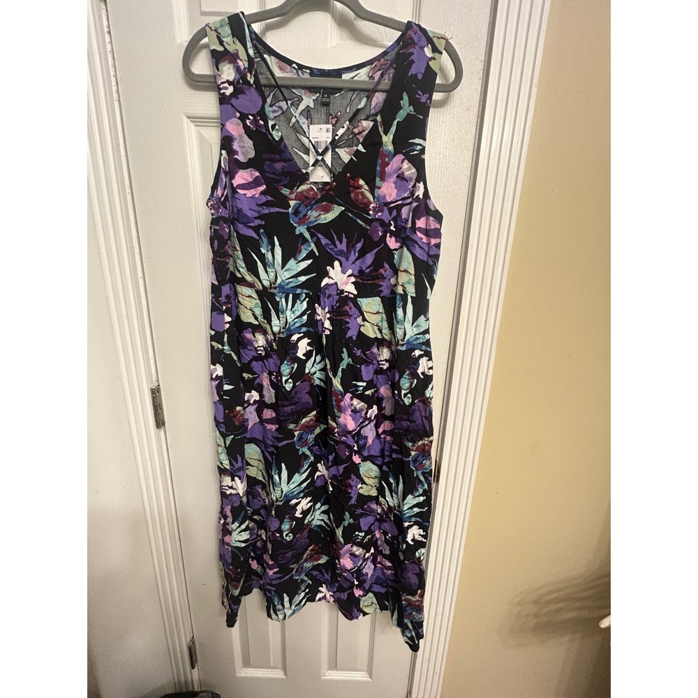 Apparel Womens 14 Violet Floral Crepe Midi Dress Lattice V-Neck Pockets